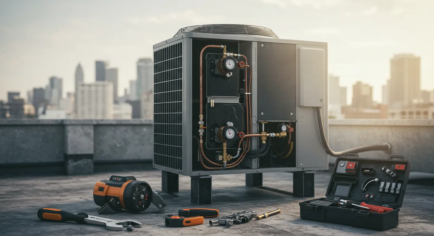 Rooftop HVAC unit open for service with copper piping, gauges, and tools spread out; city skyline behind.