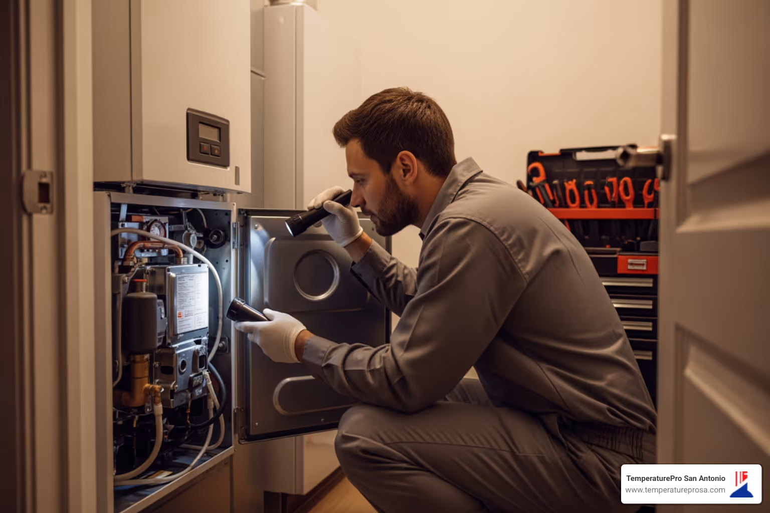 technician performing routine maintenance on a new heating system - heating replacement in bergheim tx