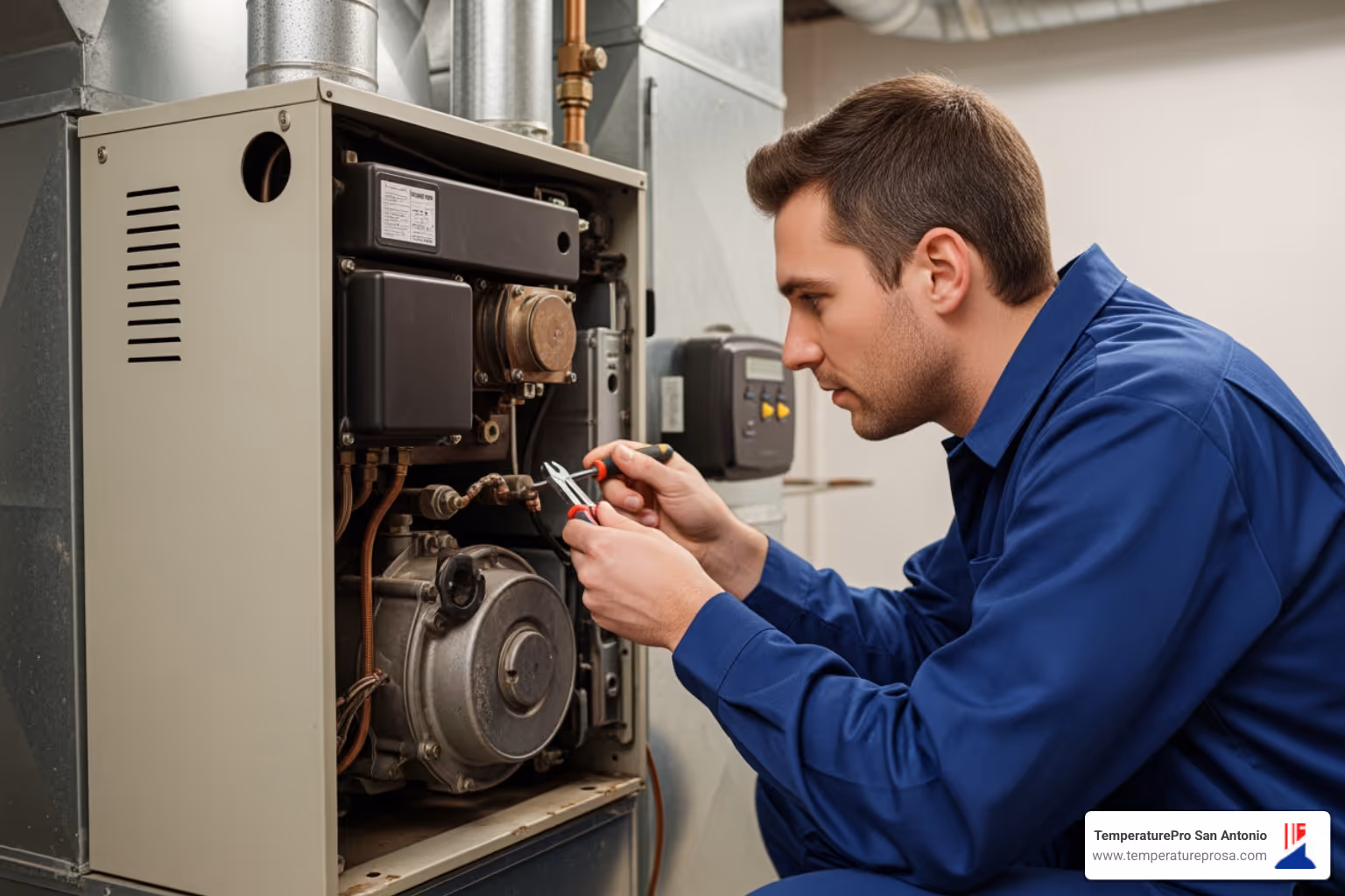 professional technician inspecting an old furnace - heating replacement in bergheim tx