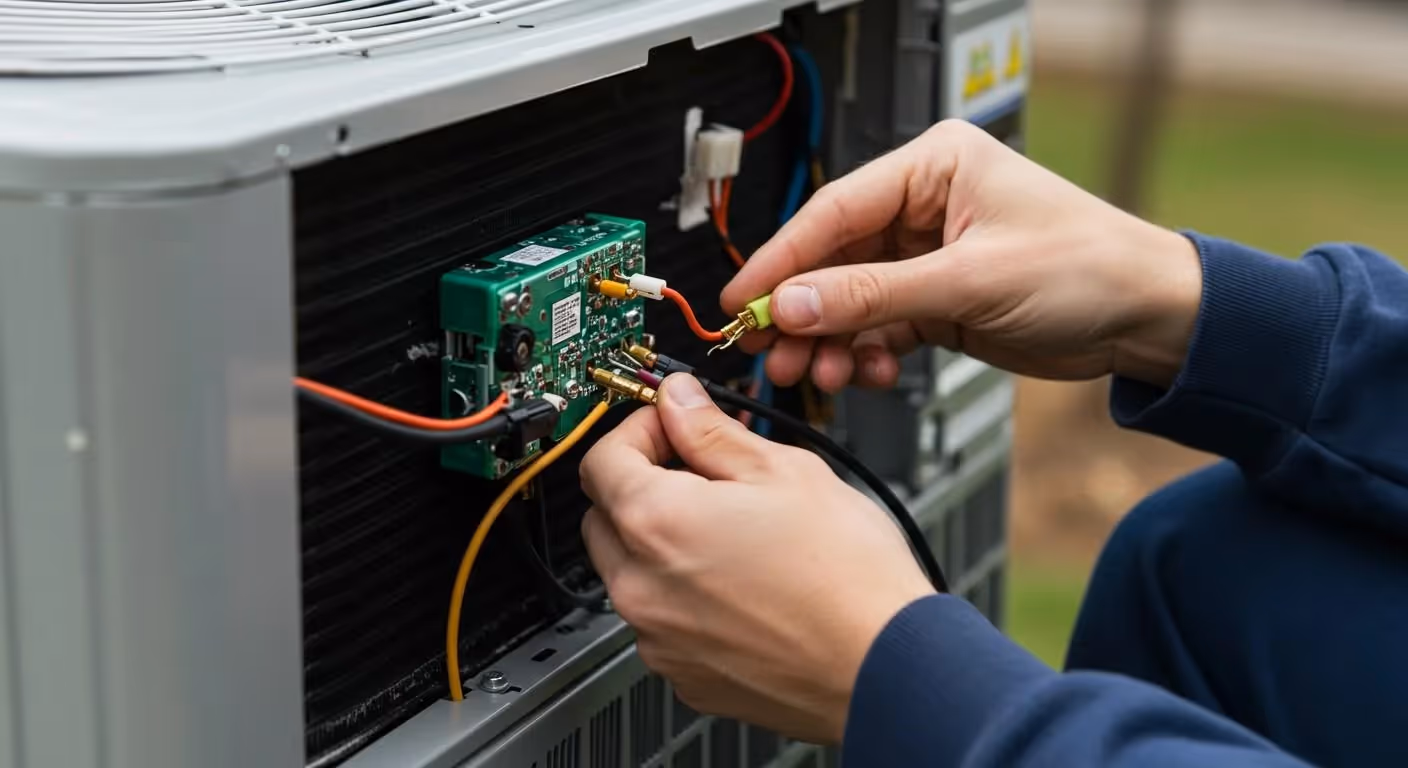 Person in dark blue sleeves adjusts colored wires on green circuit board inside HVAC unit during servicing.