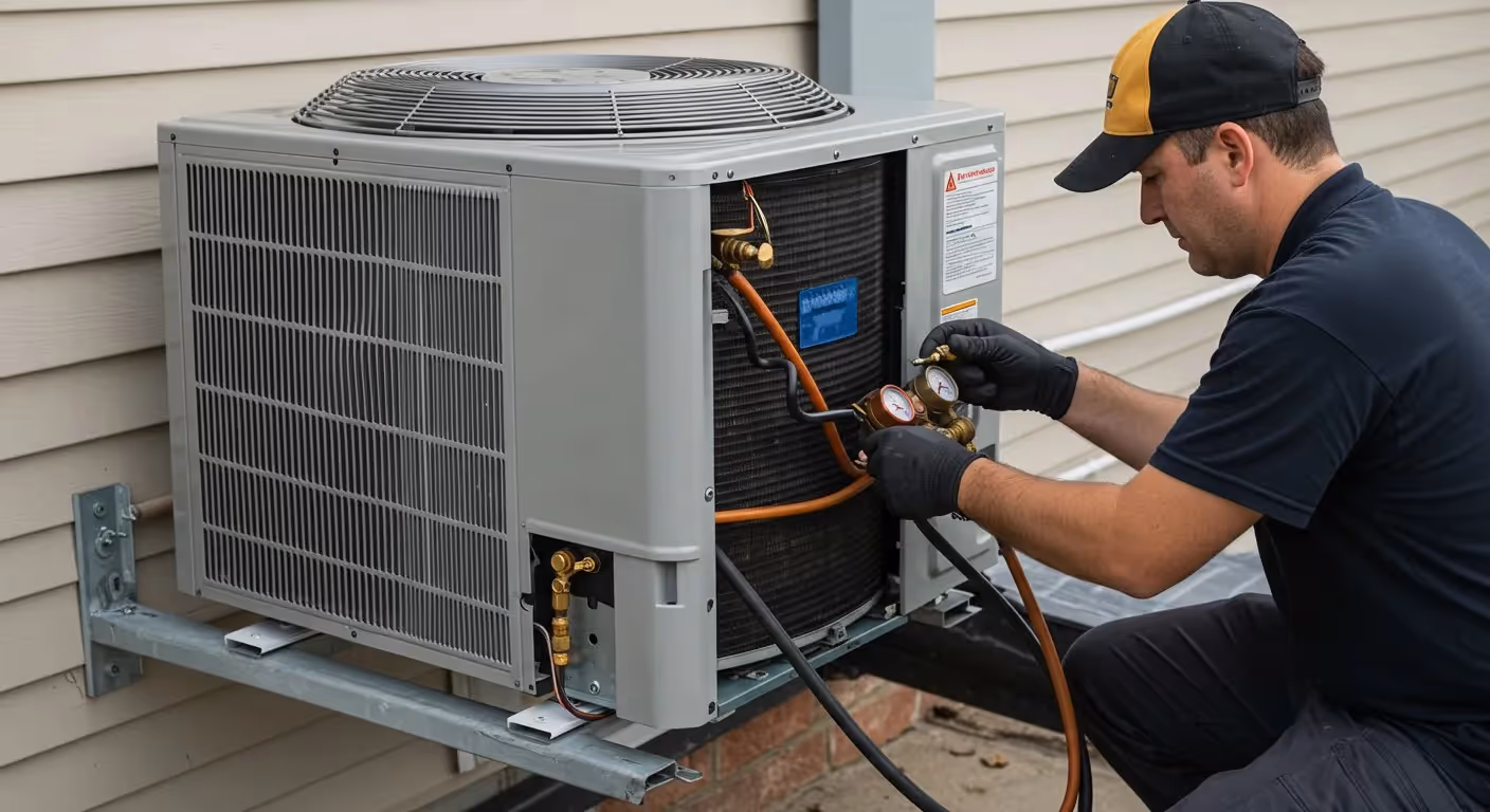 Technician servicing an outdoor AC unit.