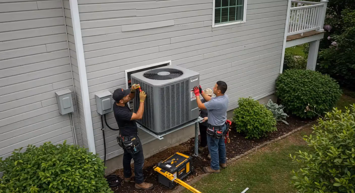 Two technicians installing outdoor AC unit.
