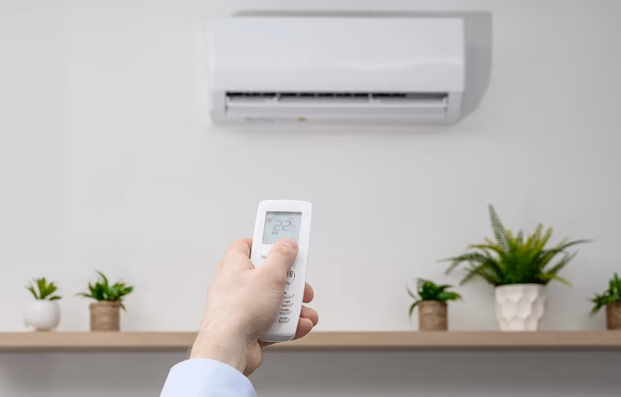 A person's hand holds a white remote control set to 22°C, pointing it toward a mounted white mini-split air conditioner. In the background, small potted green plants sit on a wooden shelf against a white wall.
