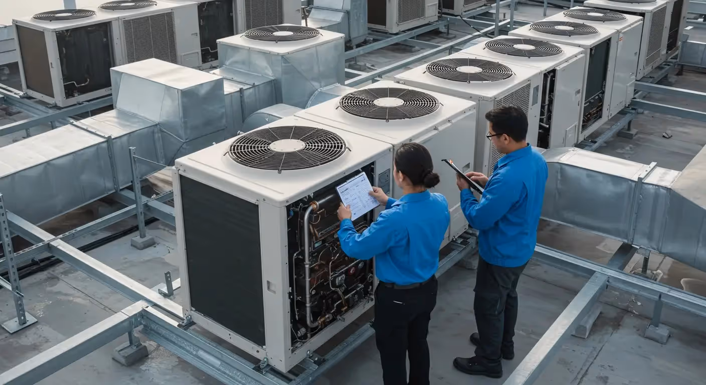 Technicians reviewing paperwork near HVAC systems.
