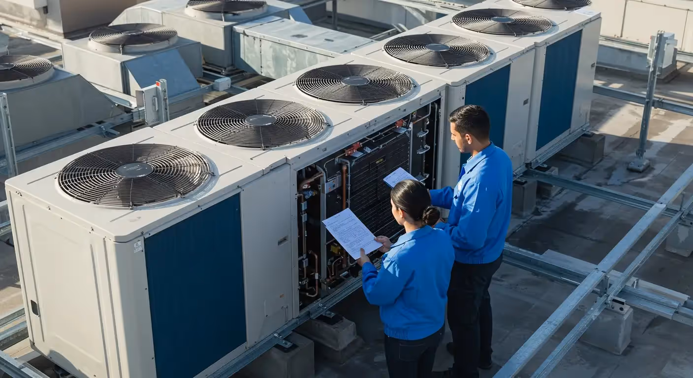 Workers inspecting large industrial cooling systems.