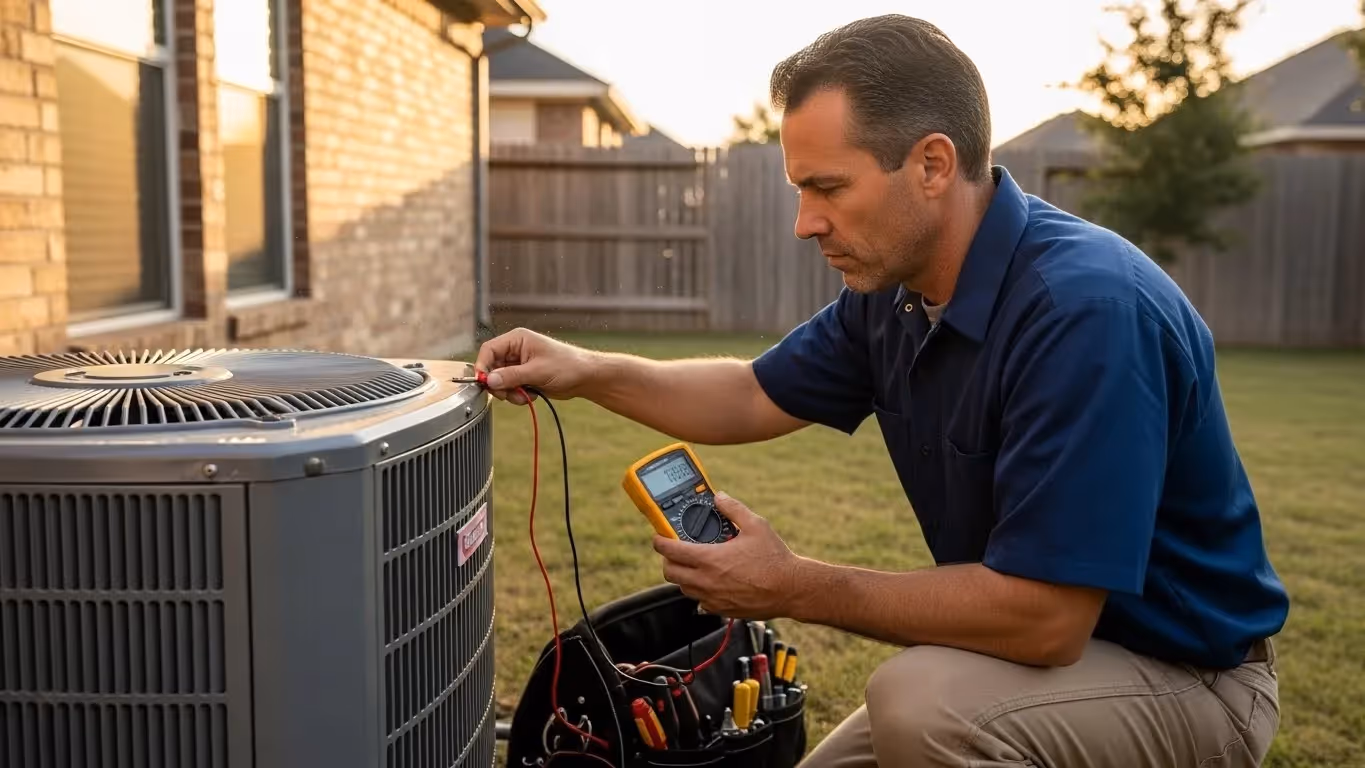 Close-up of a service professional using a multimeter to inspect an outdoor HVAC unit.