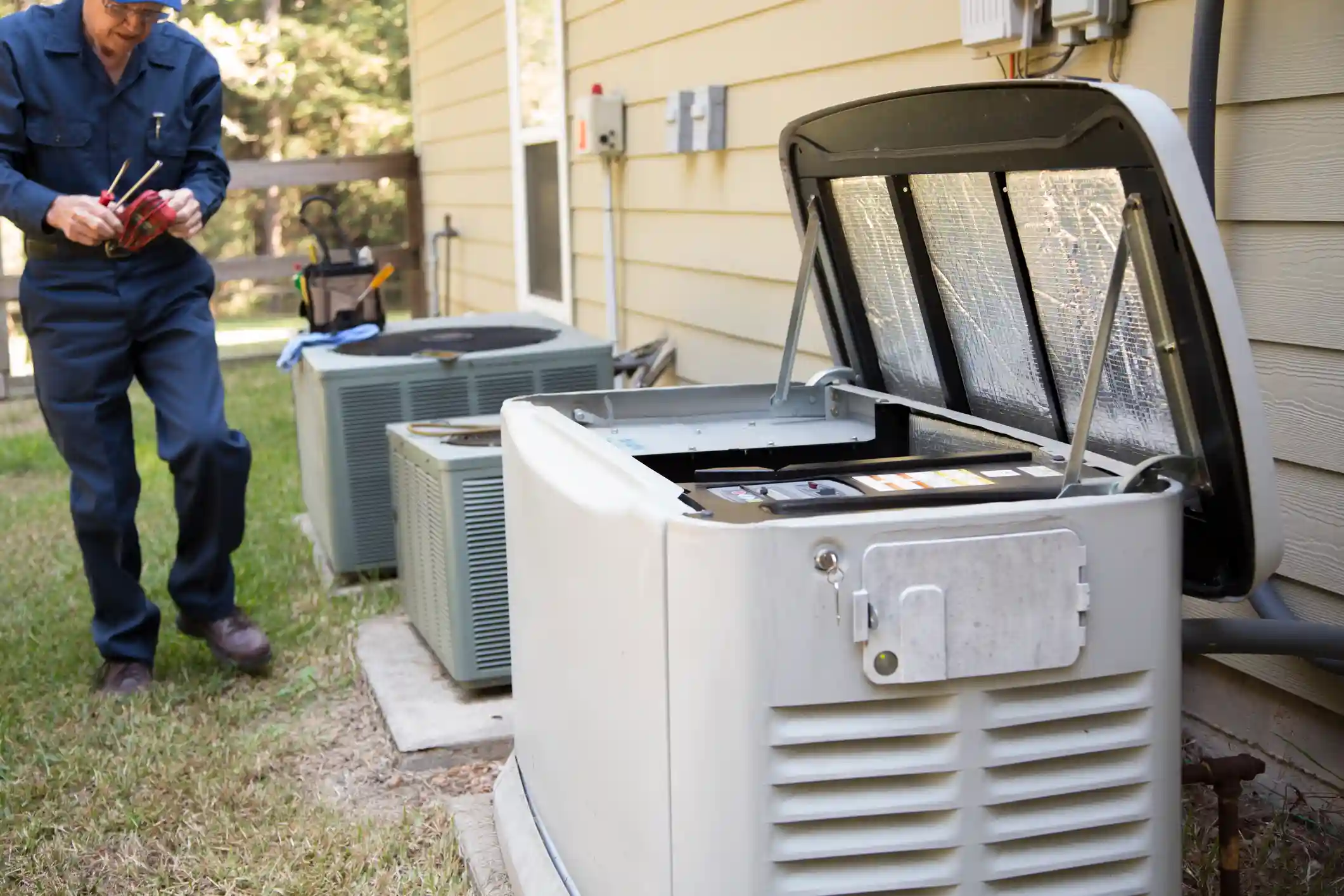 Technician repairing an outdoor standby generator.