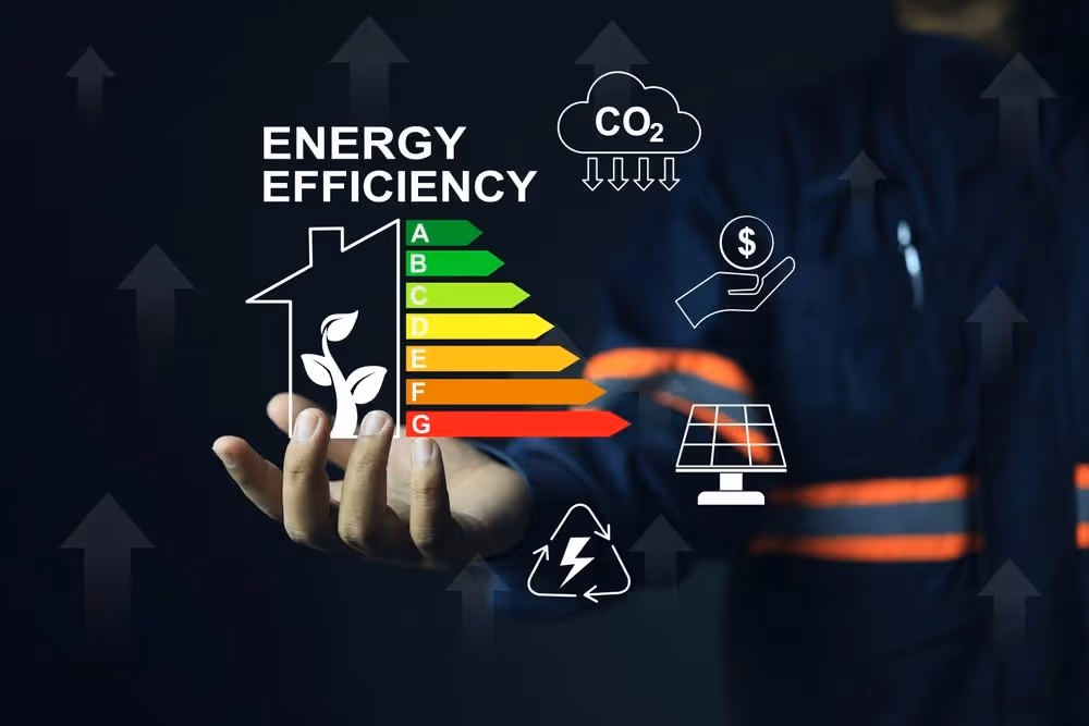 Hand holding energy efficiency rating icons.