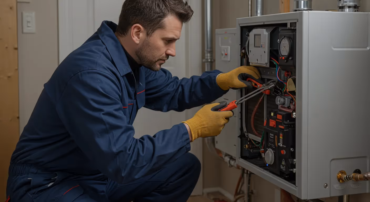 A service technician in blue overalls and yellow gloves uses pliers to work on the internal electrical components of a wall-mounted heating system.