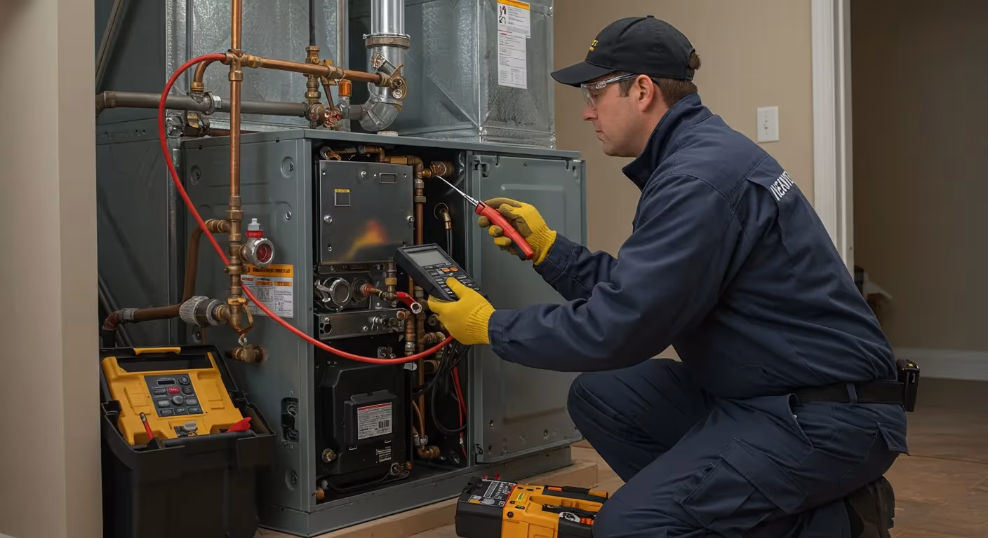 Technician using electronic tools to test heating unit.