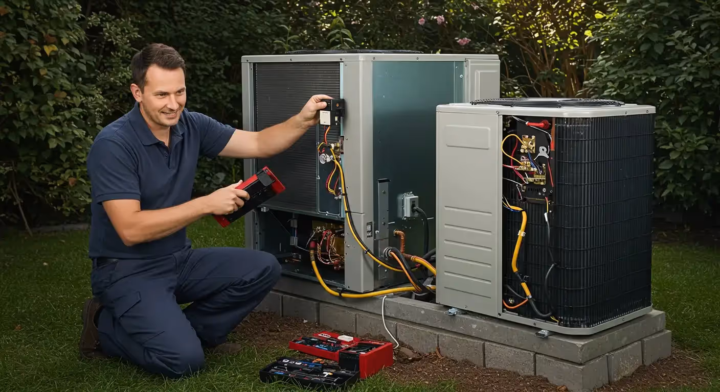 Technician performing maintenance on external heat pumps.