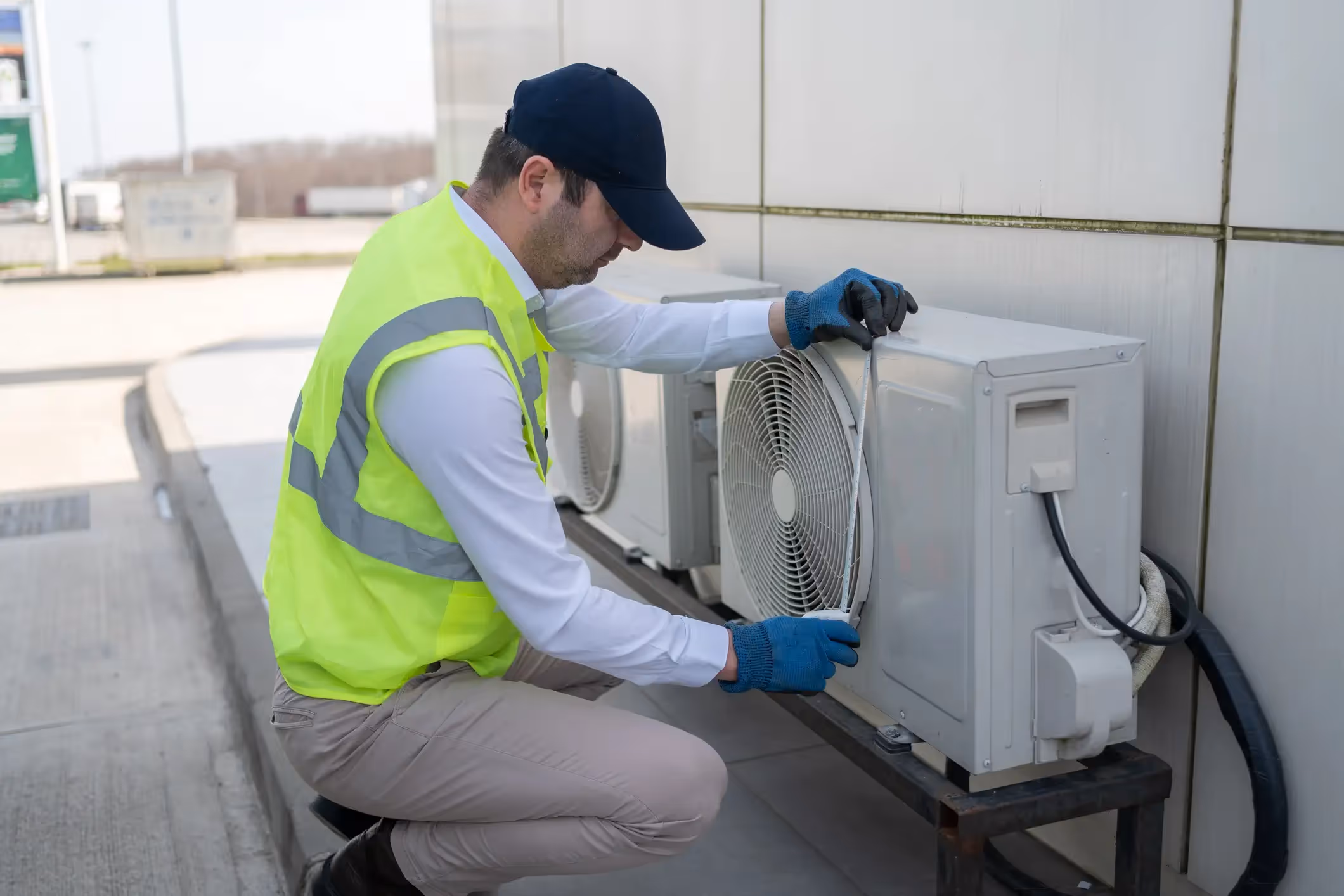 A technician in a safety vest, blue cap, and gloves kneels to measure an outdoor heat pump unit with a tape measure. He is working on one of two units mounted on a metal stand.