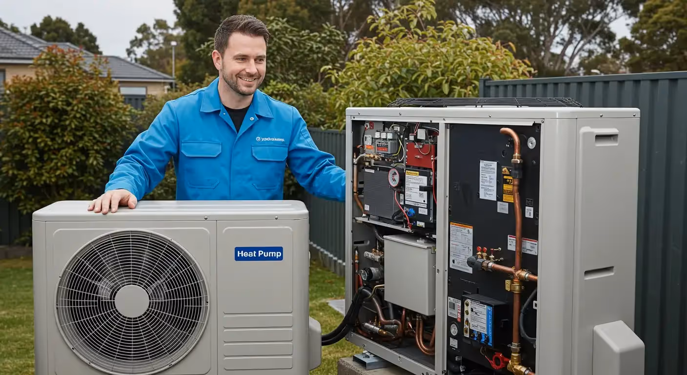 Technician servicing a residential heat pump outdoor unit.