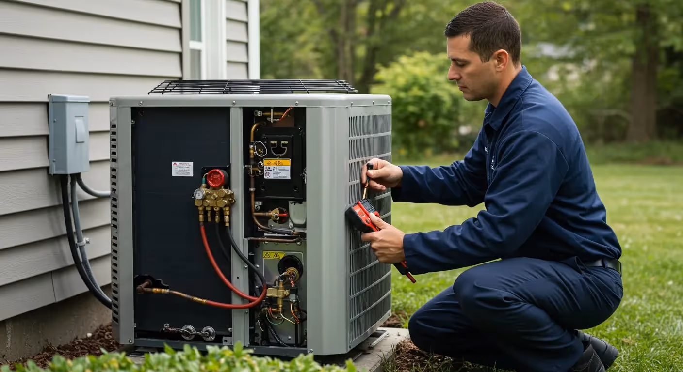Technician kneeling to test outdoor condenser unit.