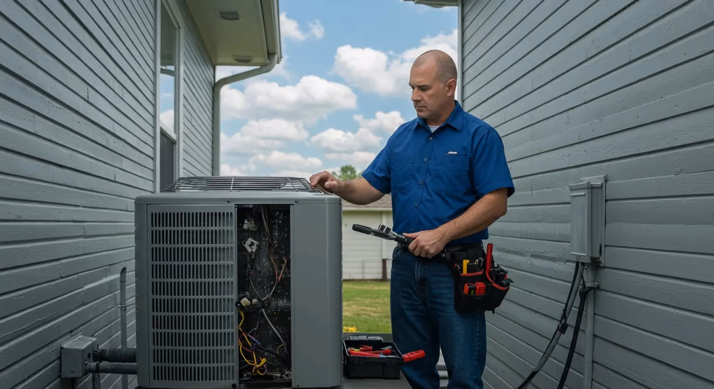 Technician repairs residential air conditioning unit.