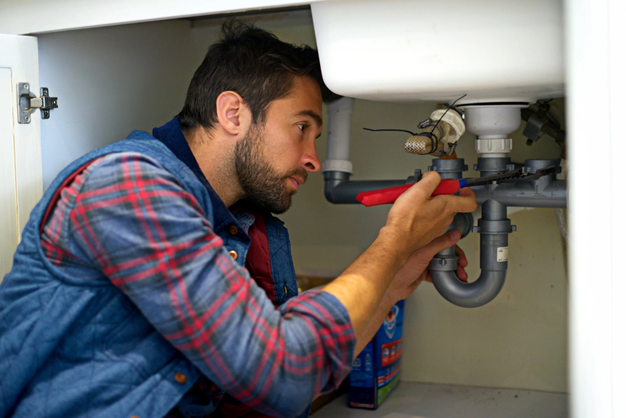 A man in a plaid shirt inspects pipes under a sink, using a wrench.