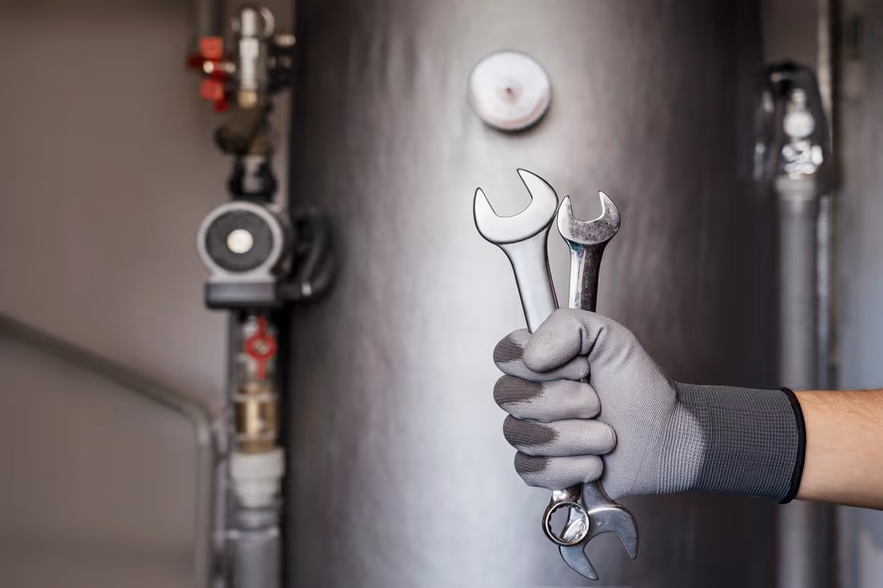 A gloved hand holds two wrenches in front of a boiler, surrounded by pipes and valves. 