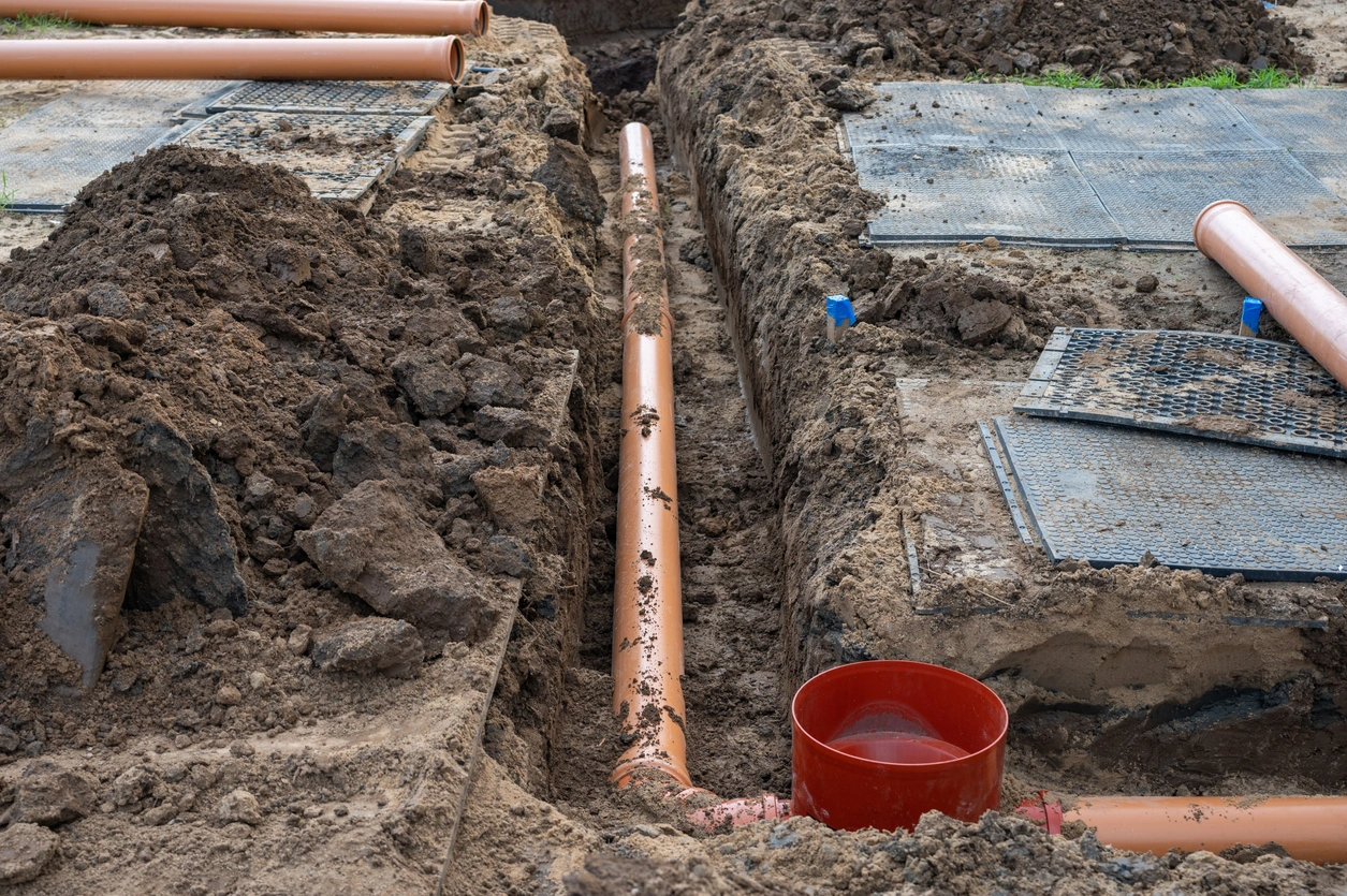 A construction site with exposed dirt shows orange drainage pipes laid in trenches, alongside metal grates. 