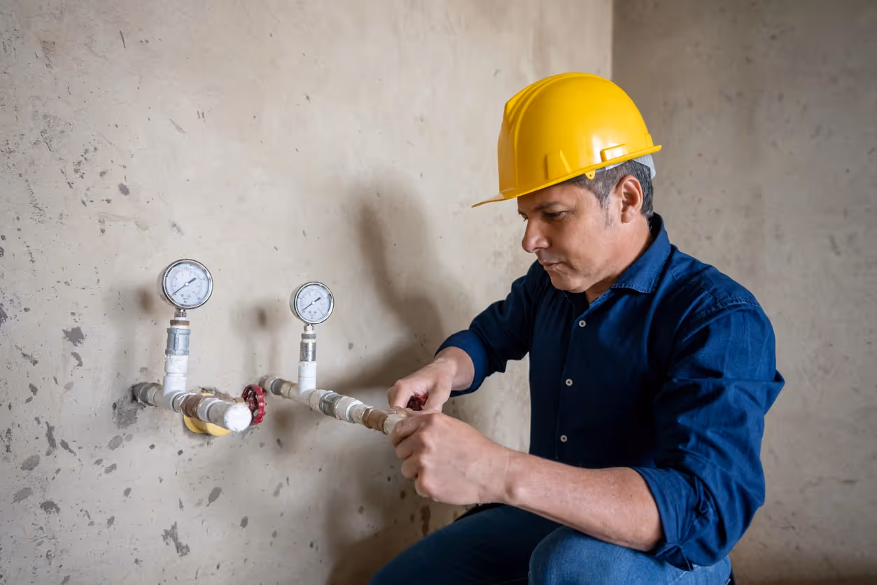 A worker in a yellow hard hat and blue shirt inspects two pressure gauges on pipes attached to a rough concrete wall. 