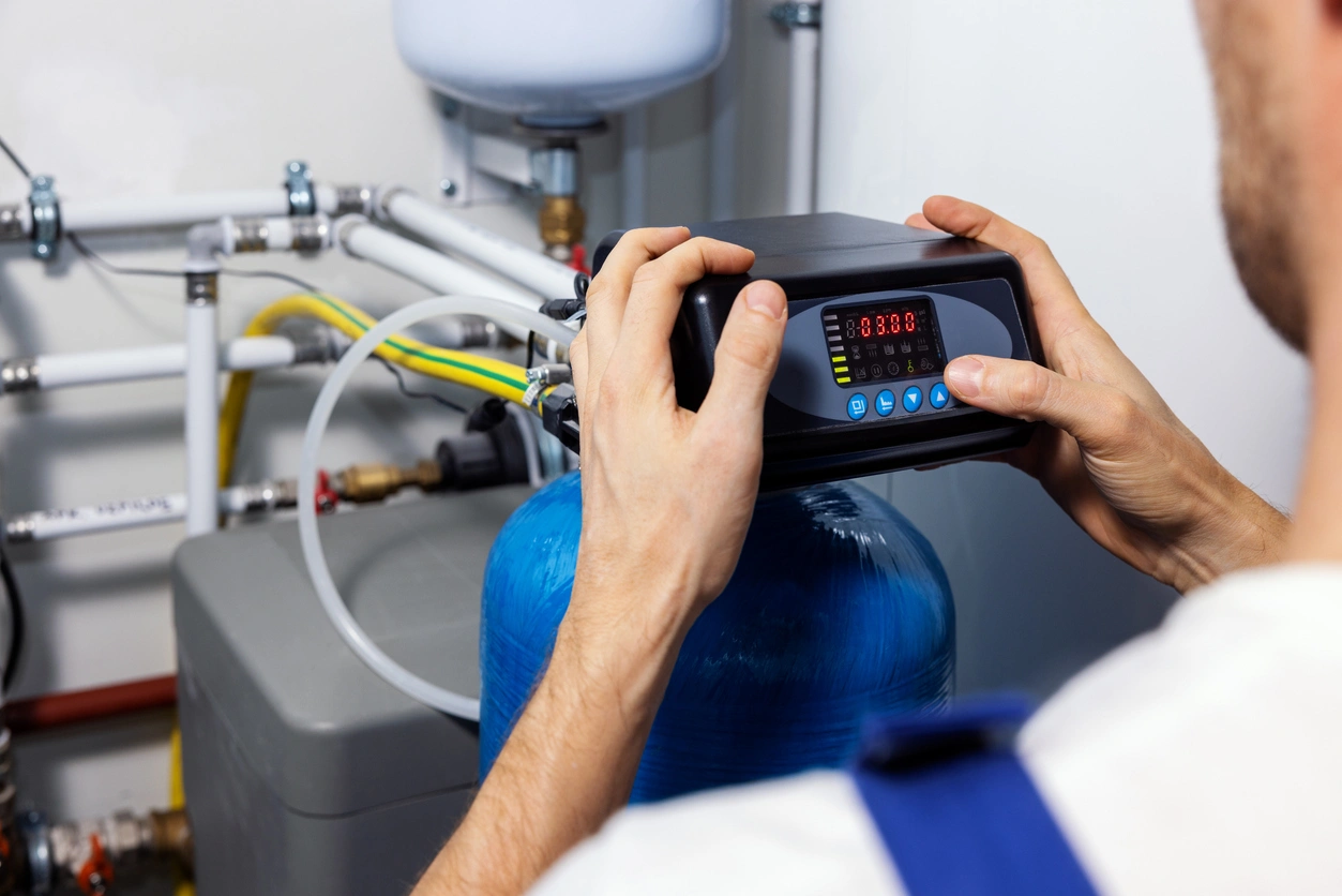 A person adjusts the settings on a black control panel attached to a blue water softener tank in a utility room. 