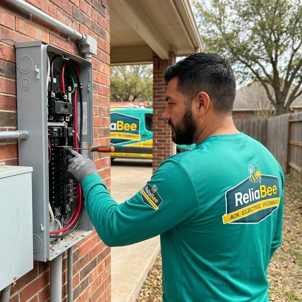 A technician in a green ReliaBee shirt works on an outdoor electrical panel attached to a brick wall.