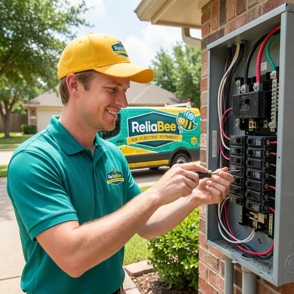 Smiling technician in a yellow cap adjusting wires in an open electrical panel outside a brick house. 