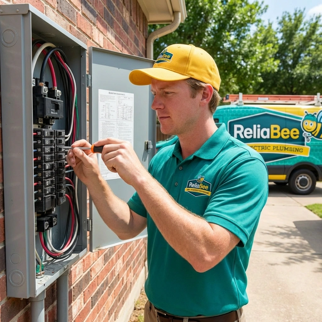 Electrician in a green ReliaBee uniform works on an outdoor circuit breaker, focusing intently.