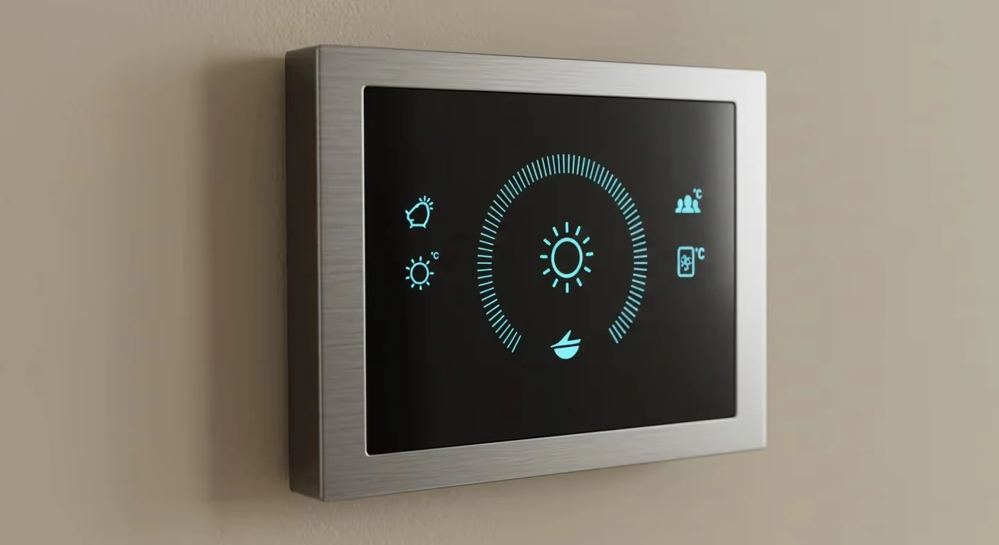 A modern digital thermostat with a sleek metal frame on a beige wall. 