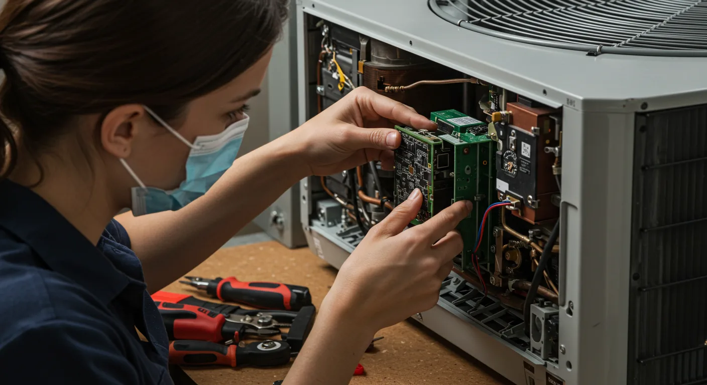 A technician wearing a face mask repairs an open air conditioning unit by adjusting a green circuit board. Hand tools, including pliers and screwdrivers, are laid out on a workbench next to the unit.