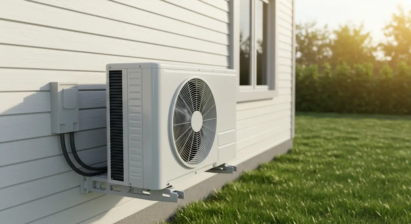 Outdoor AC unit mounted on white siding wall with visible fan and connected lines; lawn and trees nearby.