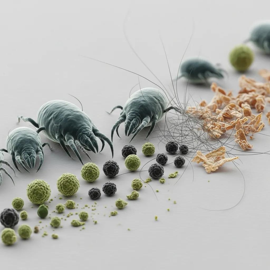 Microscopic view of typical indoor particles such as dust, mold spores, and pet dander