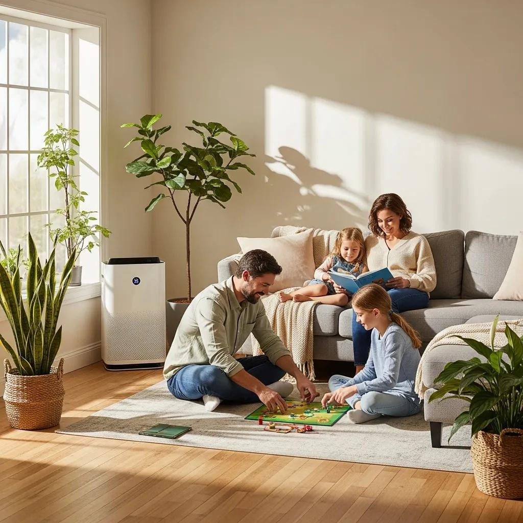 Family relaxing in a home with clean, healthy indoor air
