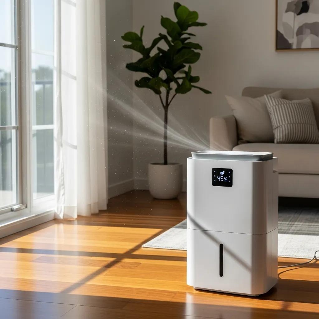A modern dehumidifier in a bright home, showing humidity control for better indoor air
