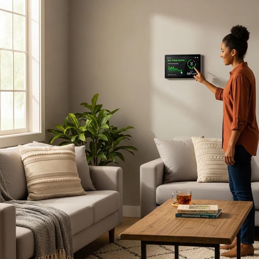 Homeowner adjusting a smart thermostat for energy efficiency in a modern living room