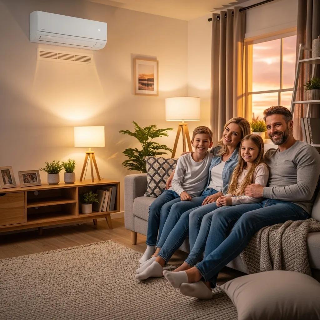 Satisfied family enjoying a comfortable living room after HVAC maintenance