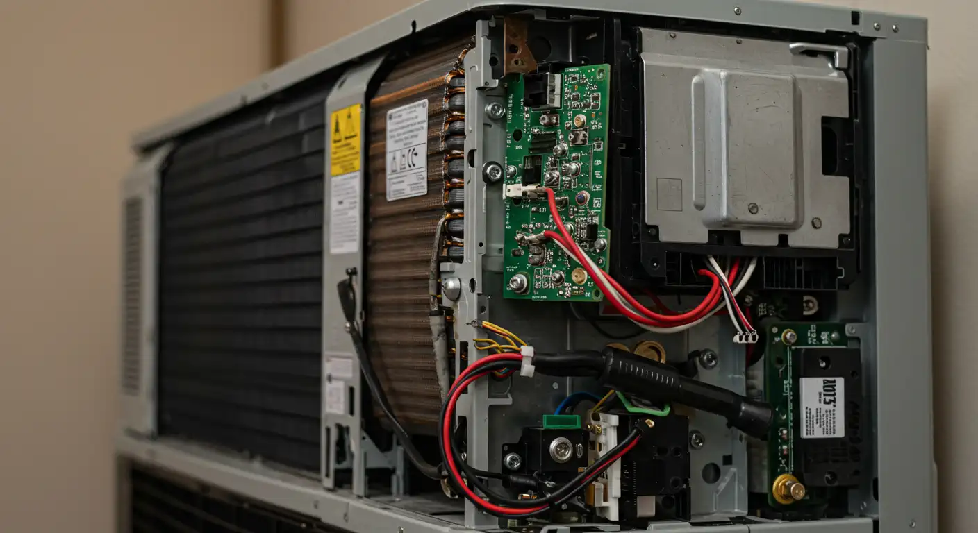 Internal view of an air conditioning unit with its cover removed, revealing a green circuit board, copper condenser coils, and various electrical wires inside the metal housing.