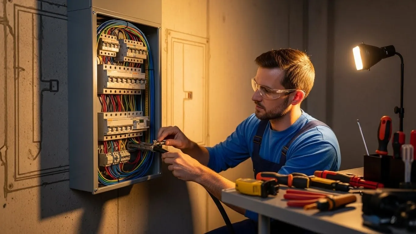 Electrician working on electrical circuit panel.
