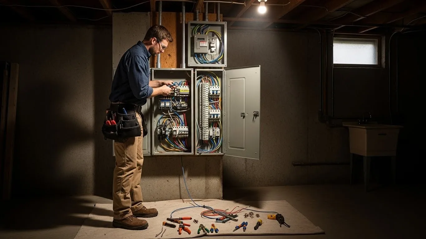 Electrician installing components in breaker box.