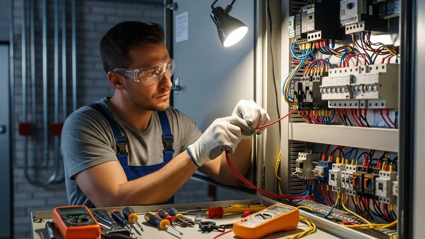 A focused electrician wearing safety gear, including goggles and gloves, works on a complex circuit panel filled with colorful wires, under bright lighting.