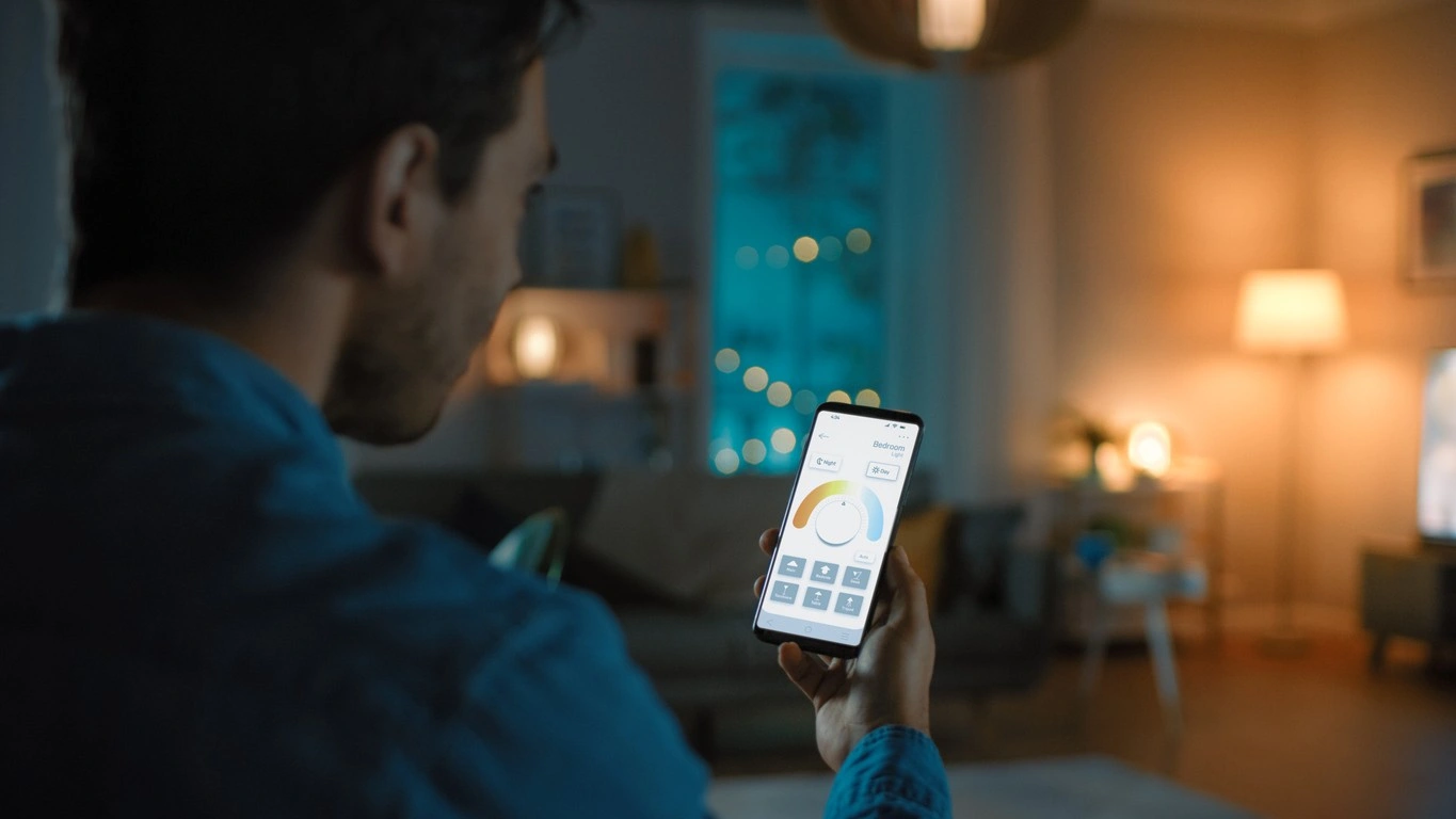 A man in a dimly lit room holds a smartphone displaying a smart home interface with a circular temperature or lighting dial. The blurred background shows a cozy living area illuminated by warm lamps and fairy lights.