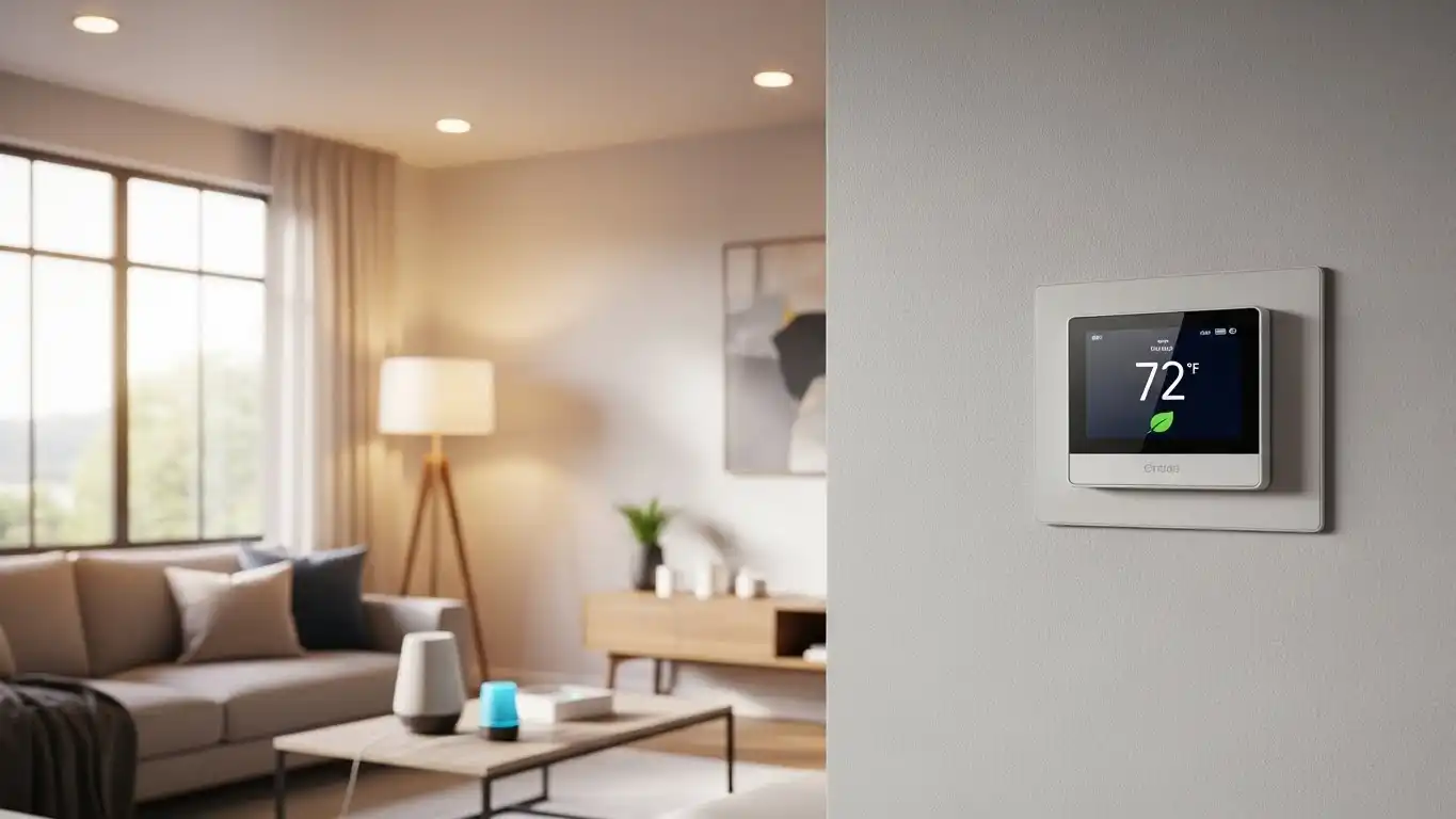 A modern living room featuring a rectangular smart thermostat mounted on a white wall