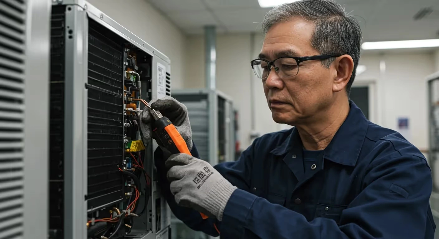 A technician in a blue uniform and gloves uses a screwdriver to repair an electrical server in a server room.