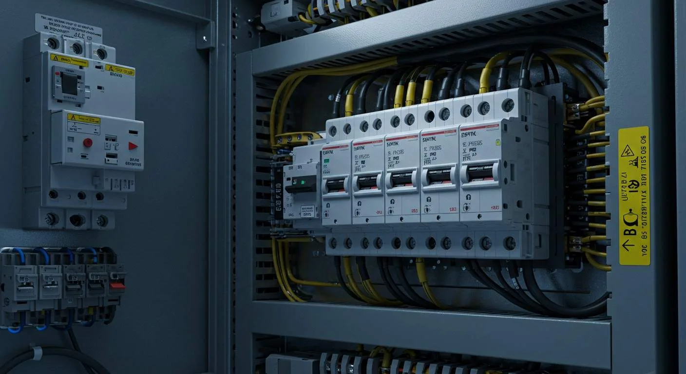 A close-up view of an industrial electrical panel featuring a row of white circuit breakers with black switches. Thick black and yellow wires are neatly organized and connected to the components within the gray metal housing.