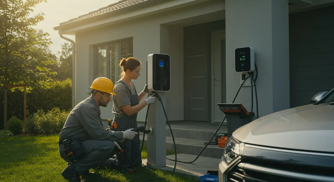 Two electricians, one in a yellow hard hat and the other in work overalls, install a pedestal-mounted electric vehicle charging station in a residential driveway next to a white car.