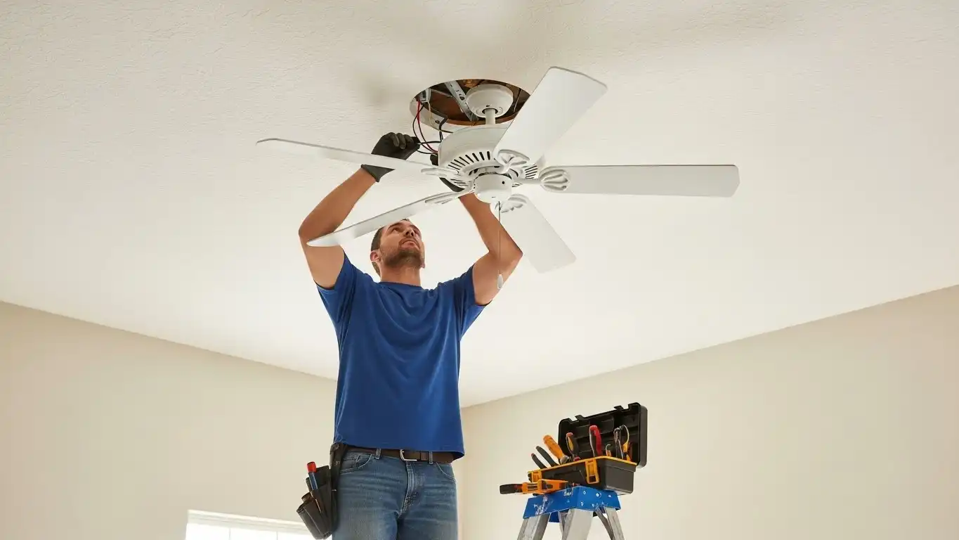A technician on a ladder installs a white ceiling fan in a brightly lit room