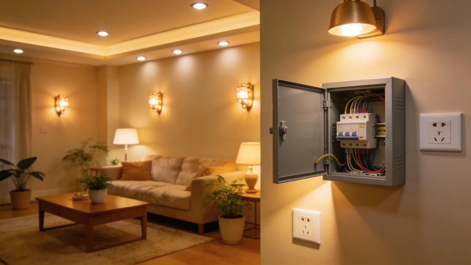 Modern living room highlighting essential components of residential electrical systems in a warm ambiance