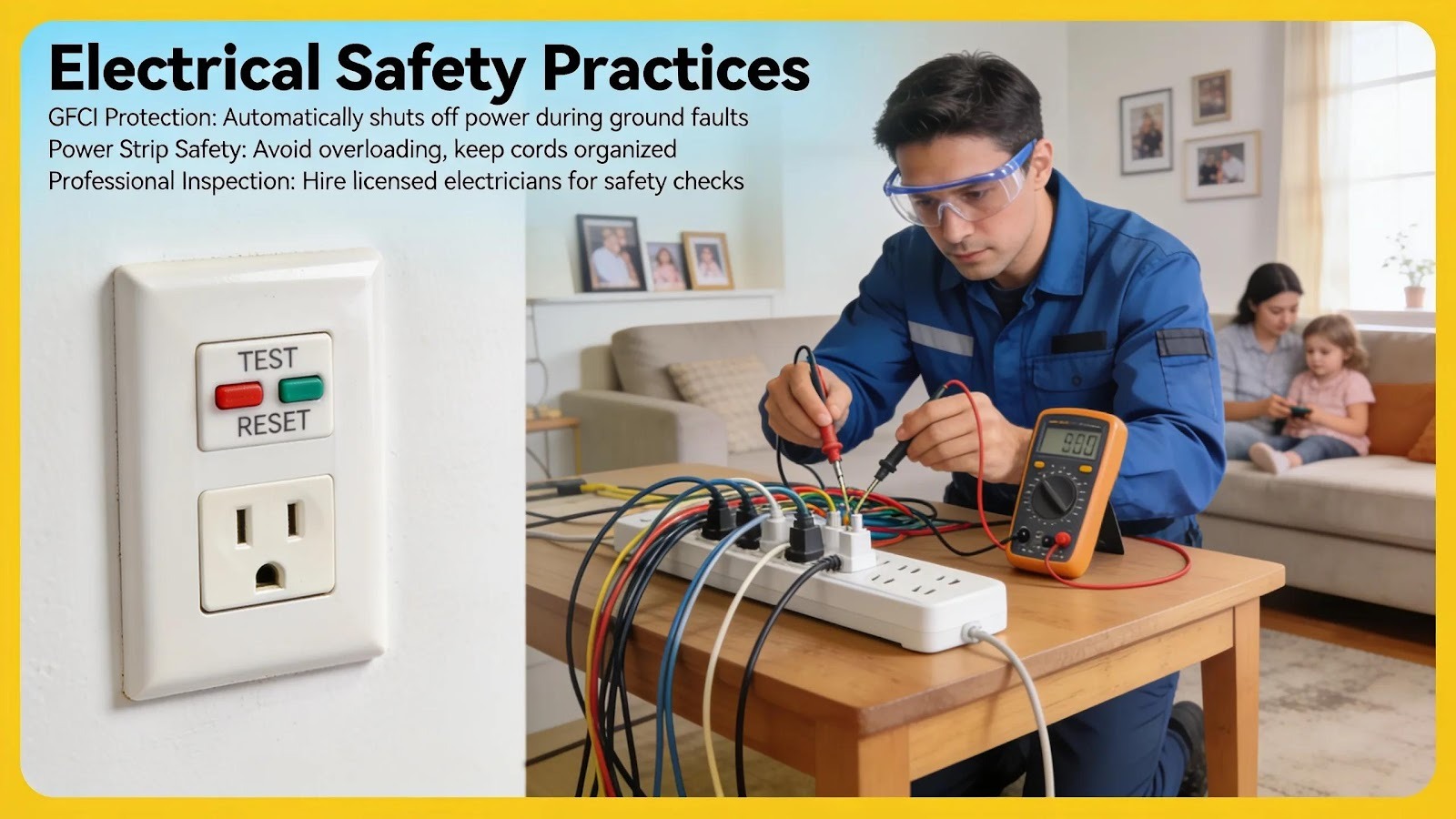 Visual representation of essential electrical safety tips for homeowners, emphasizing preventive measures