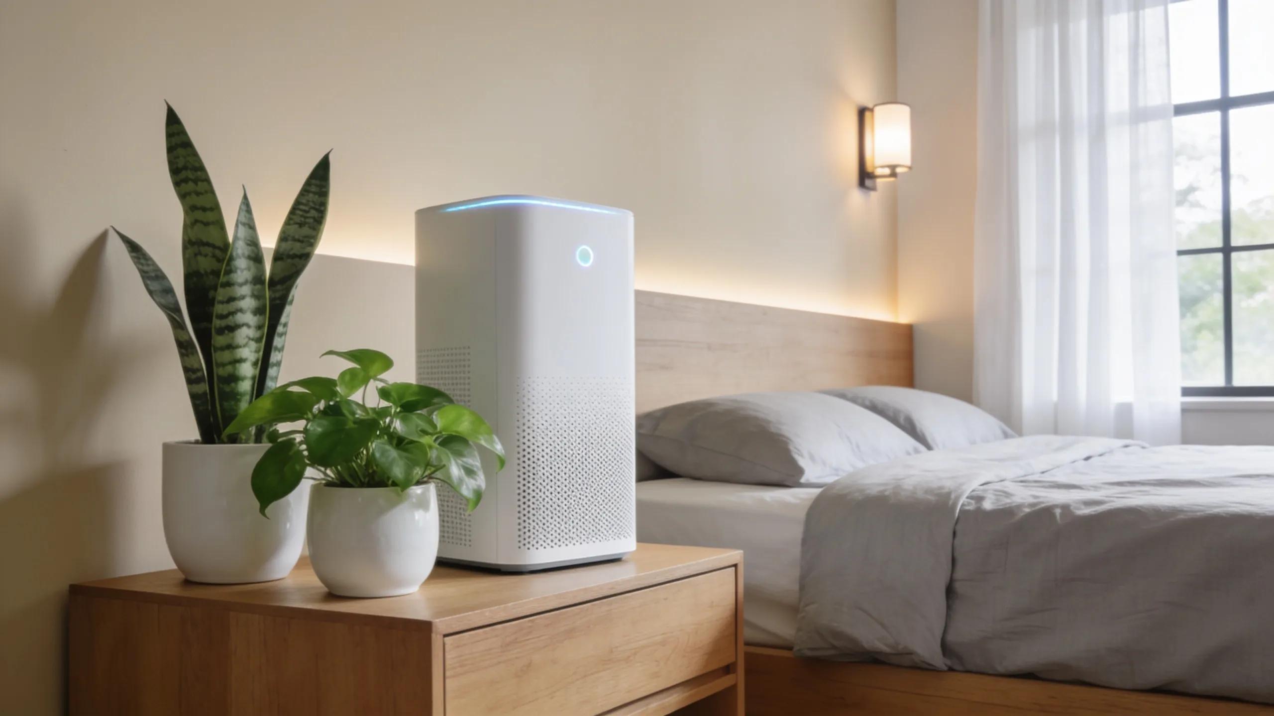 Serene bedroom featuring an air purifier and indoor plants, emphasizing comfort and air quality benefits of HVAC systems