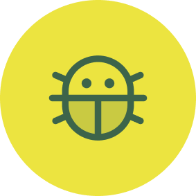 Simple green bug icon with round body and six legs on a yellow circular background.