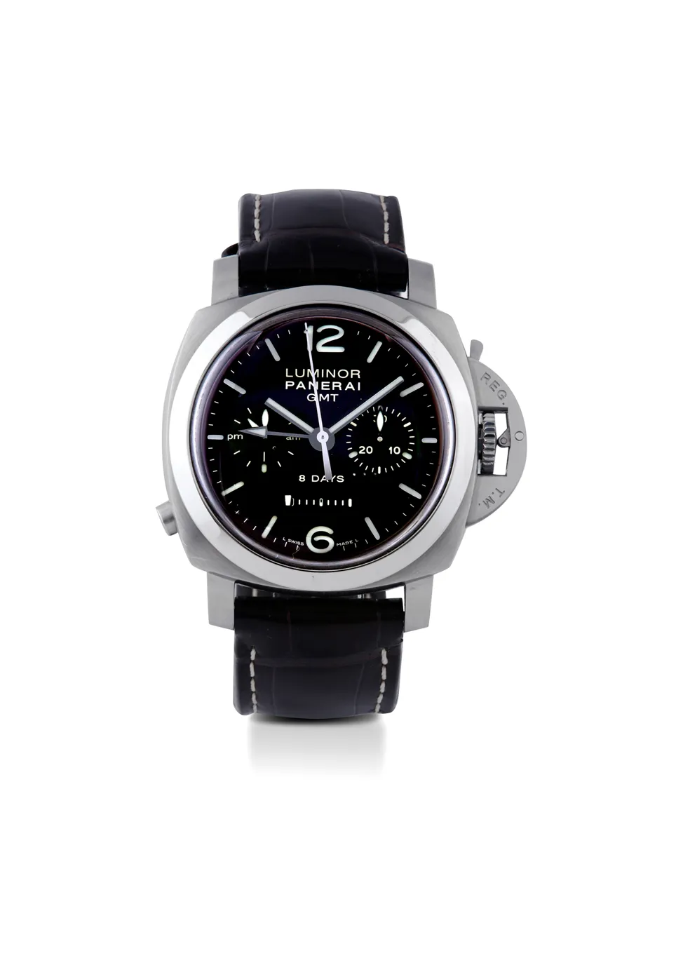 Montre Panerai Luminor GMT 8 Days en acier, cadran noir et bracelet de cuir, montre de luxe
